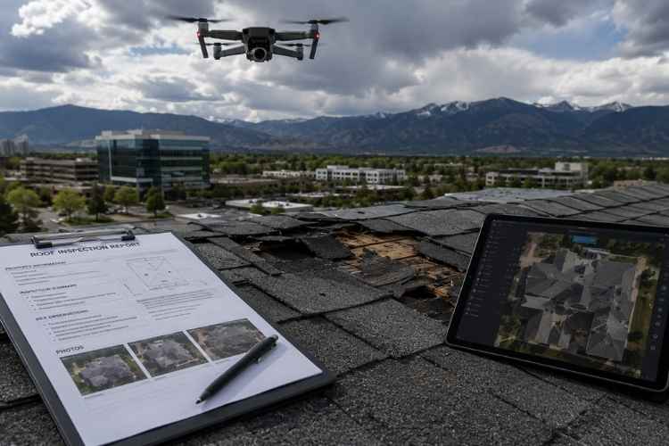 Drone roof inspection documenting shingle damage with aerial imaging and inspection reporting for a Colorado property