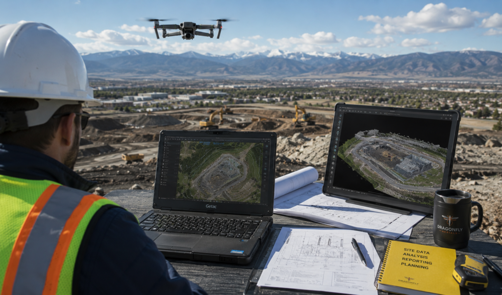 Engineer reviewing drone-generated orthomosaic maps, point cloud data, and 3D site models at a Colorado construction project.
