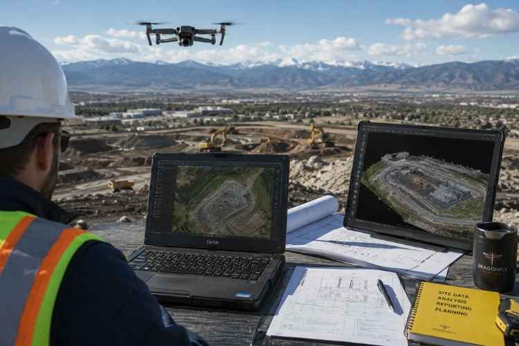 Engineer reviewing drone-generated orthomosaic maps, point cloud data, and 3D site models at a Colorado construction project.