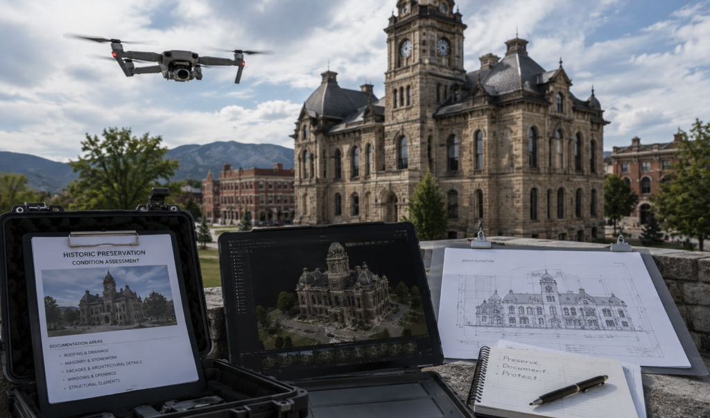 Historic Colorado courthouse documented with drone photography for preservation, restoration planning, and archival records.