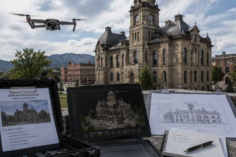 Historic Colorado courthouse documented with drone photography for preservation, restoration planning, and archival records.